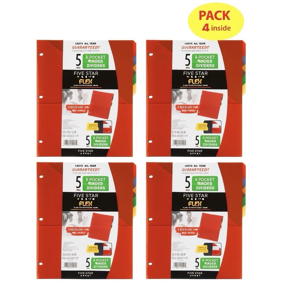 4 packs -Five Star 3 Pocket Binder Dividers 5 Tabs-multi Colors- Brand New ACCO